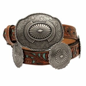 Ariat Women's Concho Belt Turquoise Underlay Floral Tooled Leather Sz L